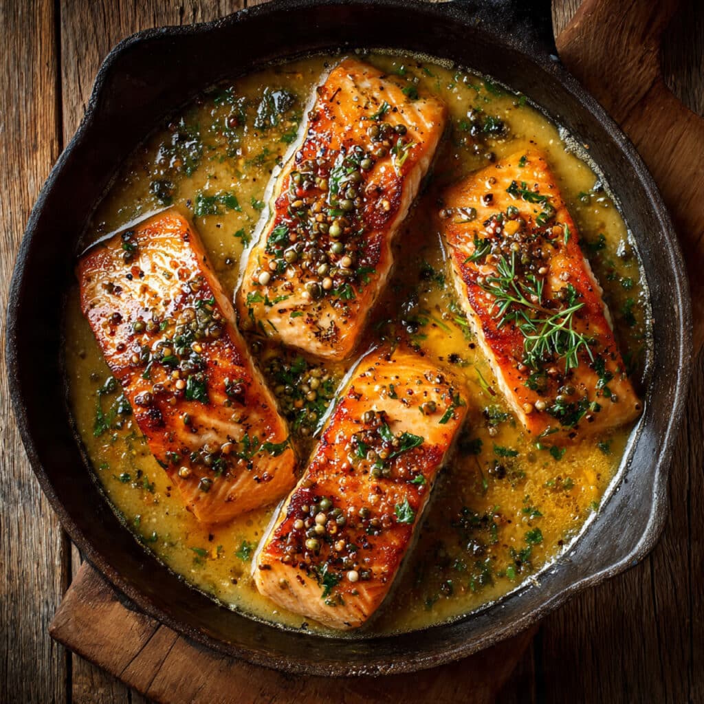 overhead shot of skillet with salmon and