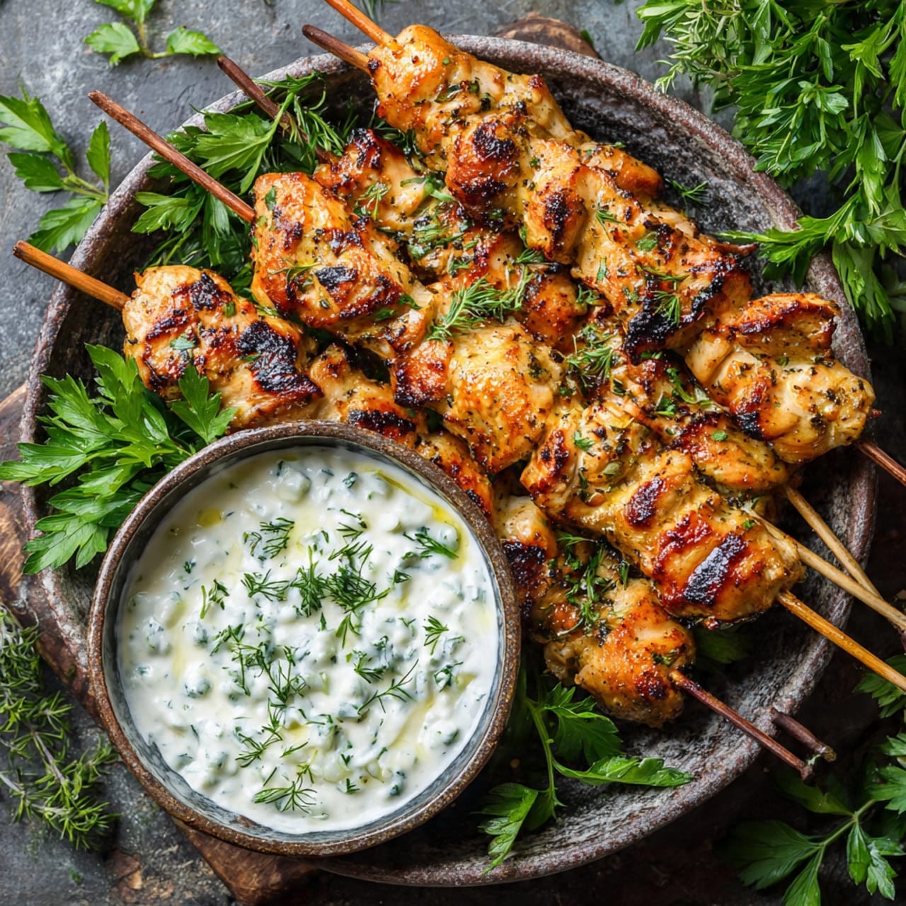 overhead view of juicy grilled chicken skewers