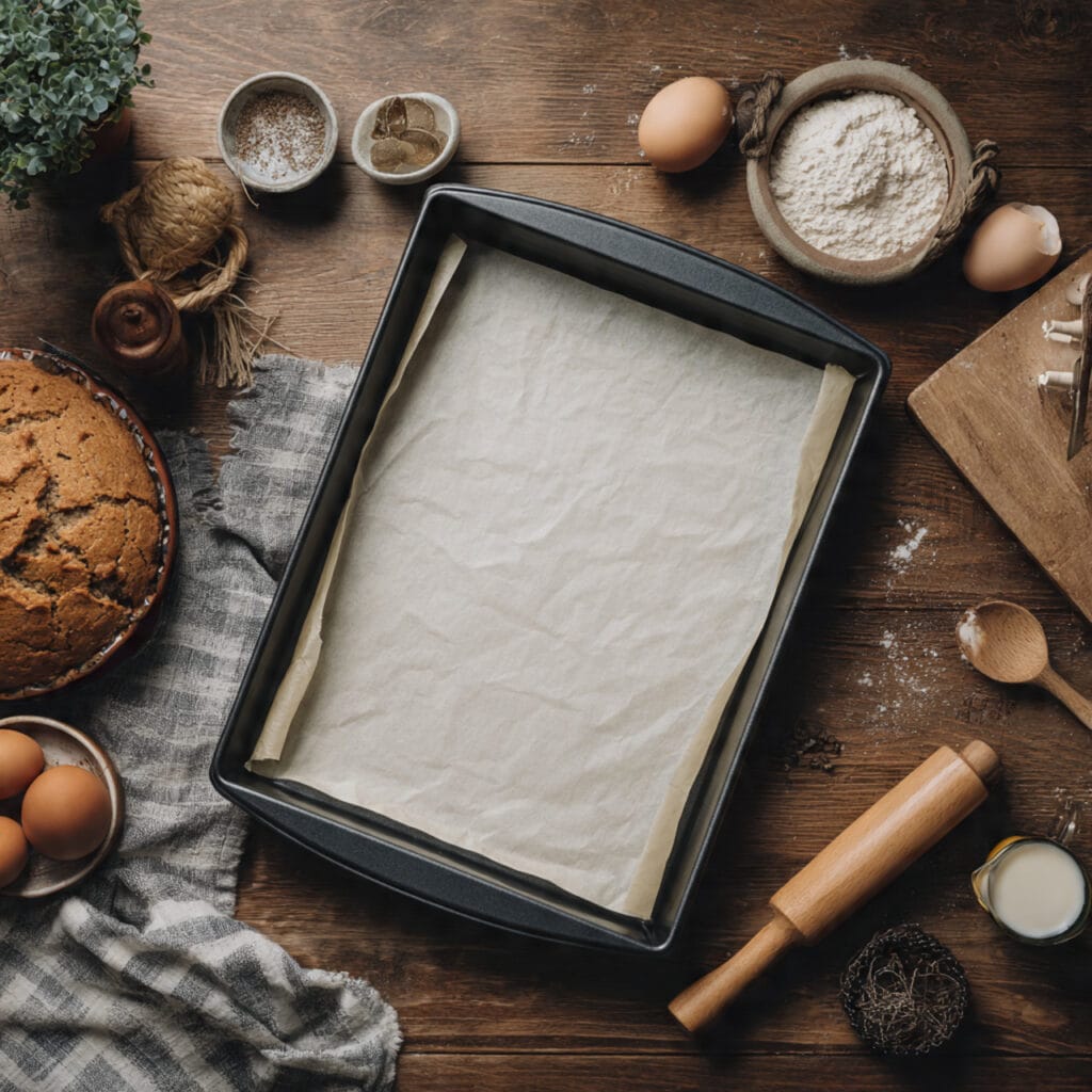preparing baking pan with parchment paper and