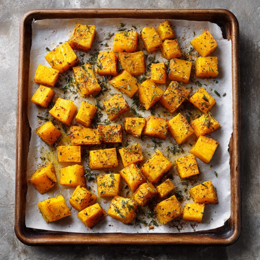 roasted butternut squash cubes on a parchment lined