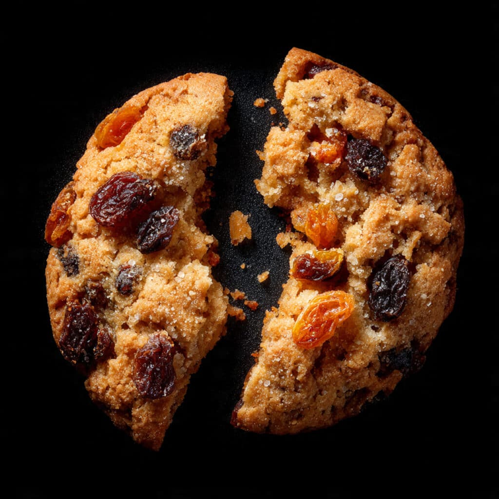 single cookie broken in half showing chewy