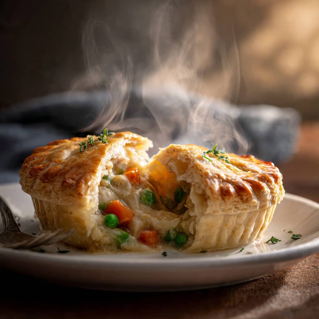 single mini pot pie cut in half