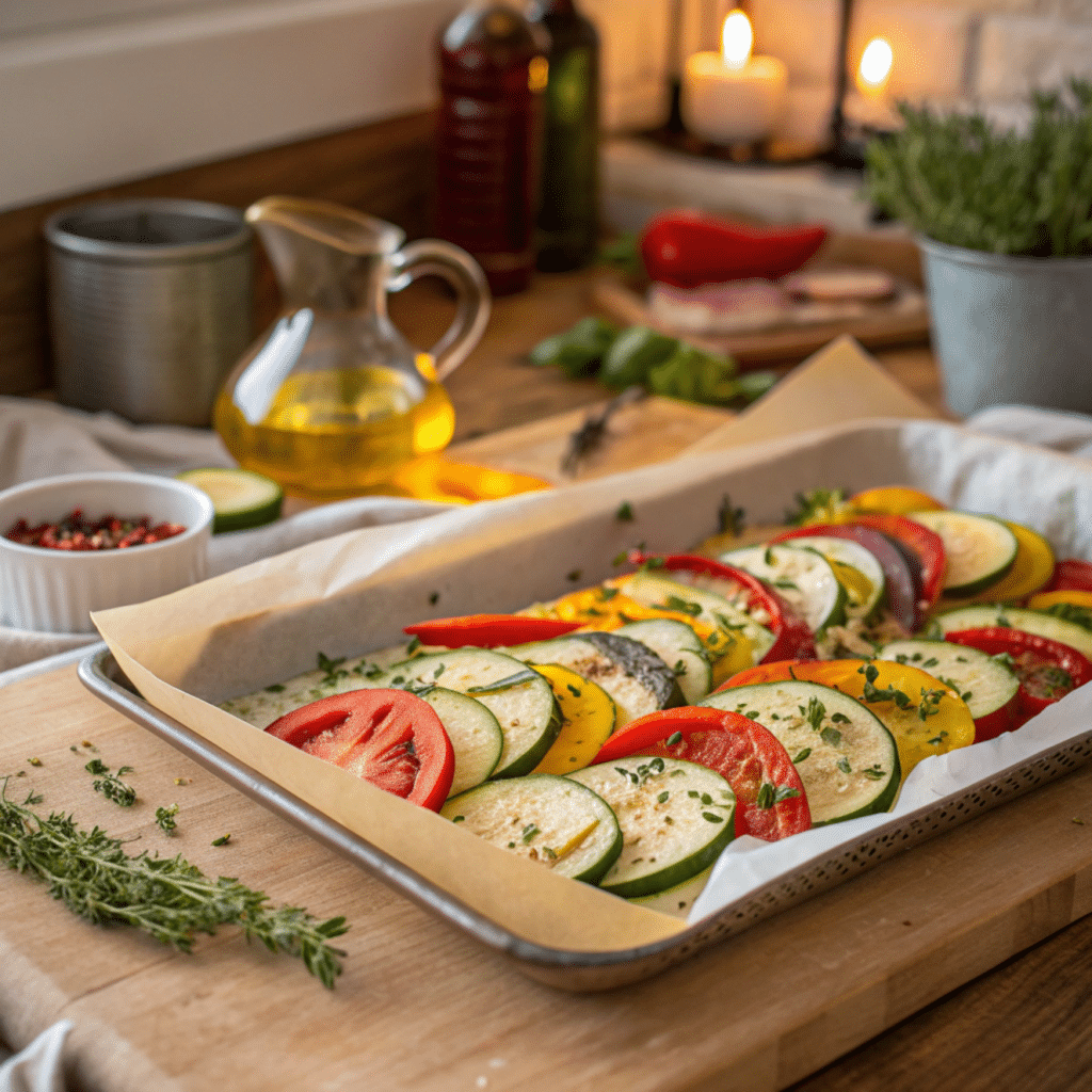 sliced vegetables tossed in olive oil and herbs on