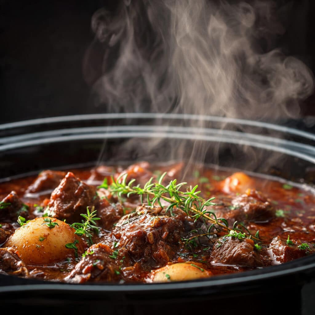 slow cooker filled with rich brown stew
