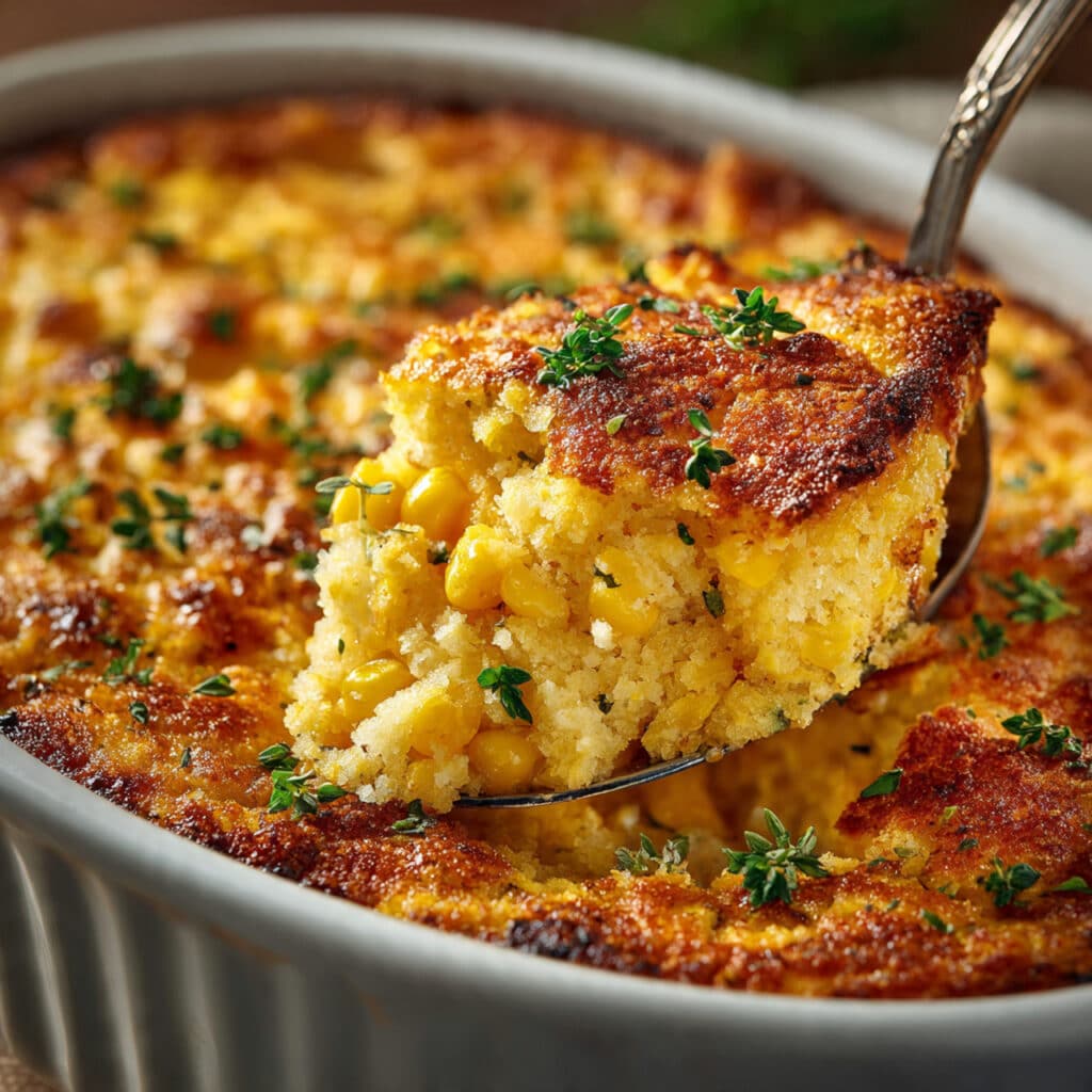 spoon scooping creamy corn casserole showing moist