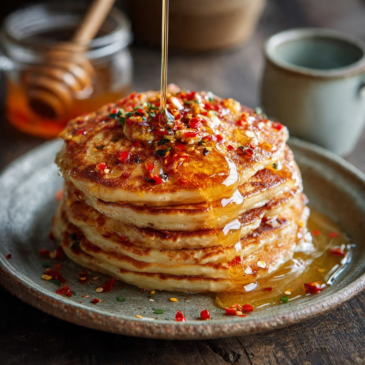 stack of pancakes topped with melting chili