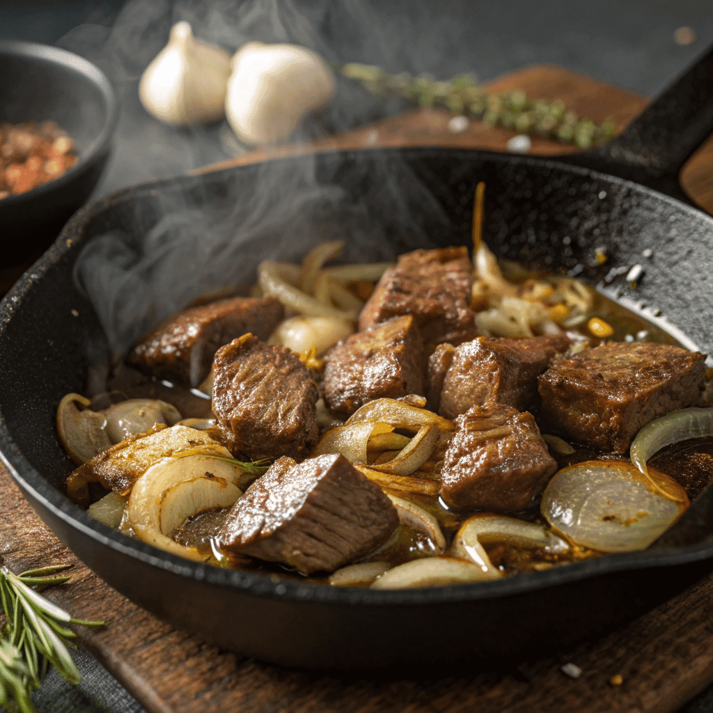 step shot beef being browned in a cast iron skil