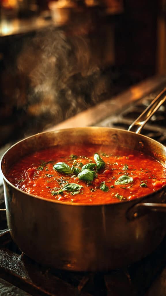 simmering tomato sauce with herbs for Aurelio’s pizza sauce