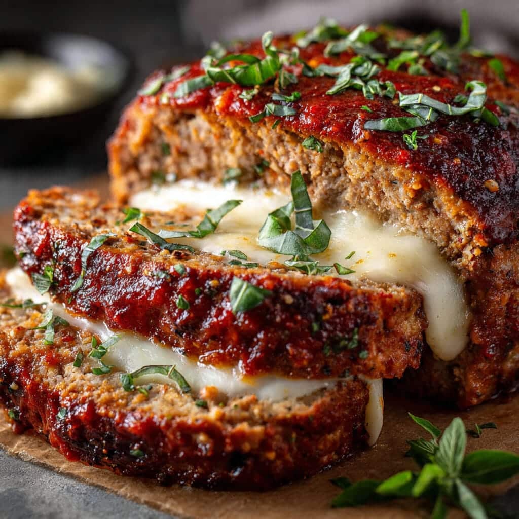 vertical close up of sliced italian style meatloaf with