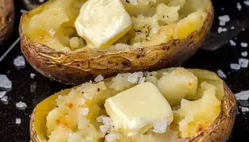 Delicious air fryer jacket potato garnished with herbs and served on a plate.