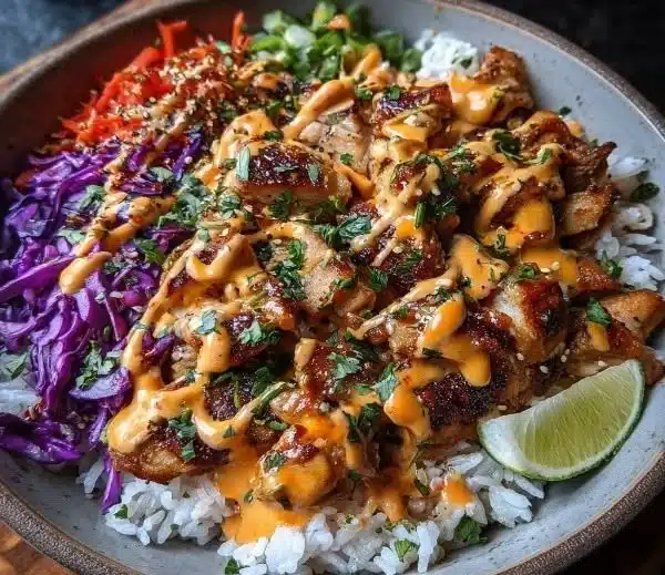 Bang Bang Chicken Bowl with spicy sauce and fresh ingredients.