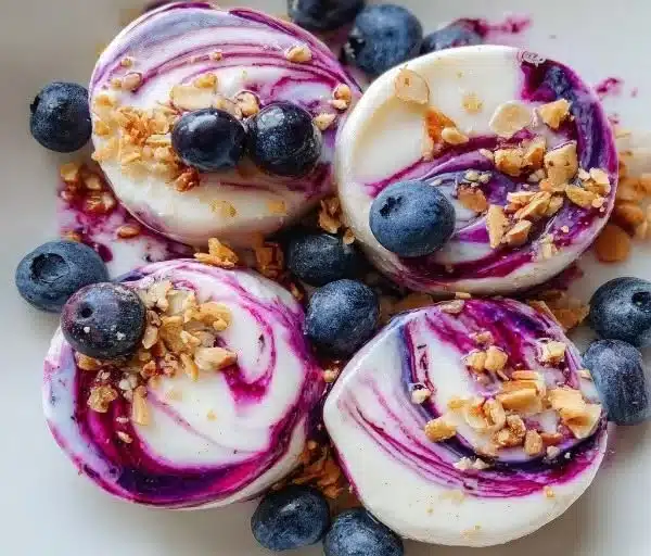 Blueberry swirl yogurt bites with fresh blueberries in a colorful presentation