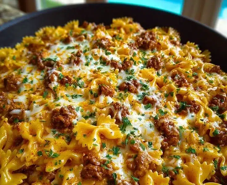 Cajun Cream Cheese Alfredo Bowties with Spiced Ground Beef