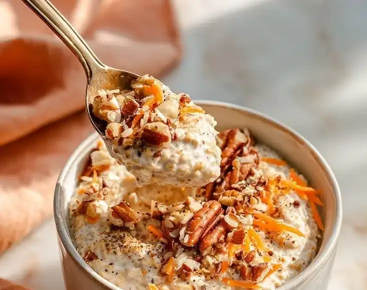 Carrot Cake Overnight Oats 3 A bowl of carrot cake overnight oats topped with nuts and cinnamon
