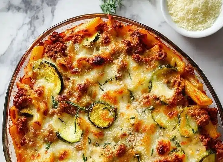 Cheesy baked ziti with ground beef and zucchini in a casserole dish