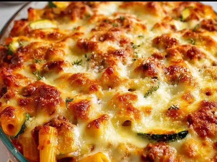 Cheesy Baked Ziti with Ground Beef and Zucchini