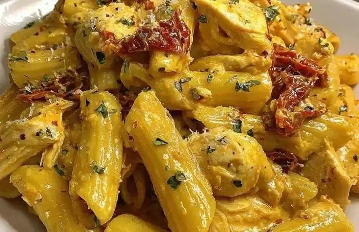 Plate of cheesy chicken with sun-dried tomatoes garnished with herbs