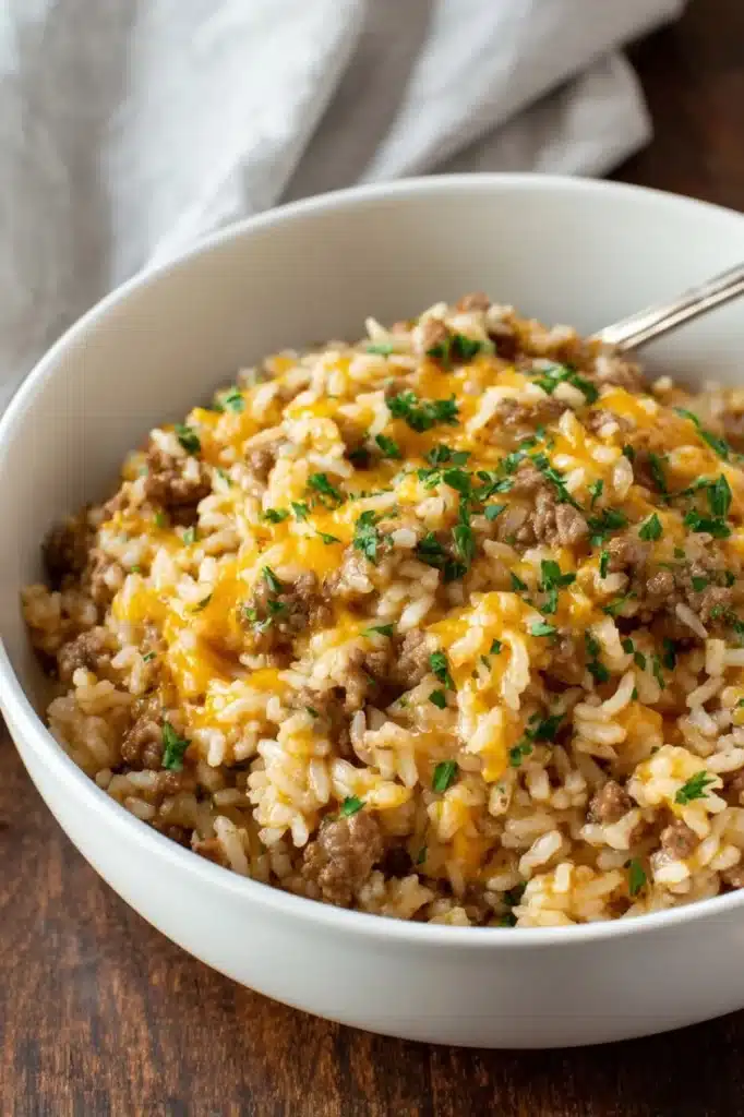 Cheesy ground beef and rice casserole served in a baking dish