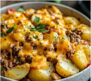 Cheesy ground beef and potato casserole in a baking dish