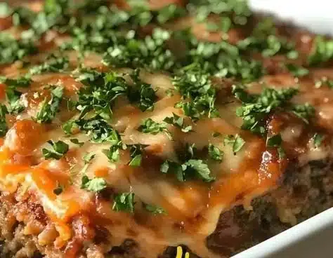 Cheesy Loaded Meatloaf Casserole served in a baking dish with melted cheese on top