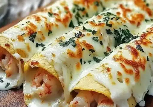 Cheesy Seafood Tortilla Bombs for a Cozy Family Feast 3 Cheesy seafood tortilla bombs served on a rustic wooden table.