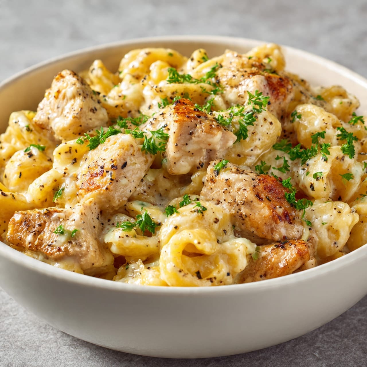 Cheesy Chicken Pasta 3 cheesy chicken pasta served in a white