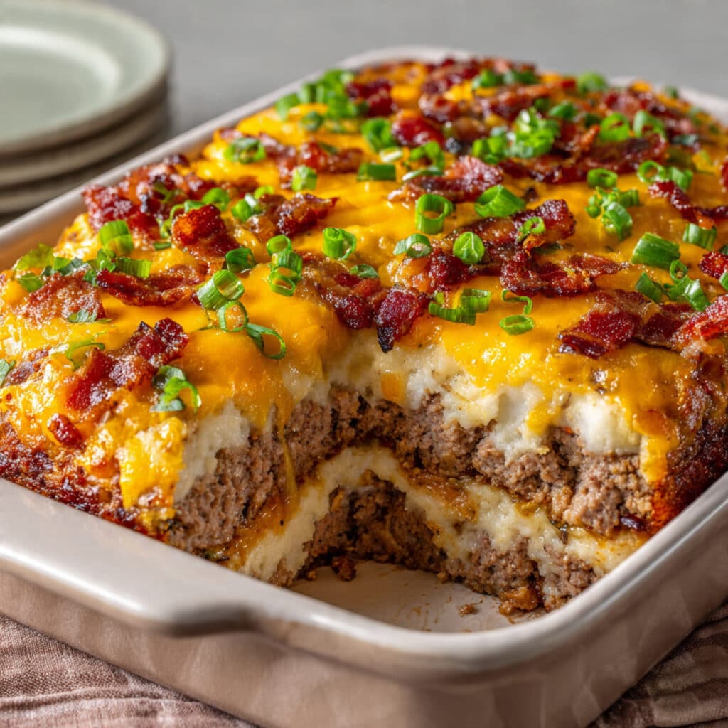cheesy loaded meatloaf casserole served in its 1