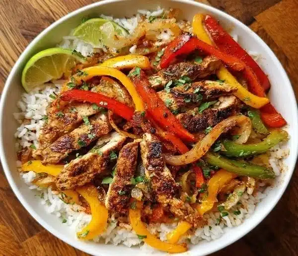 Delicious Chicken Fajita Rice Bowls with vibrant vegetables and spices