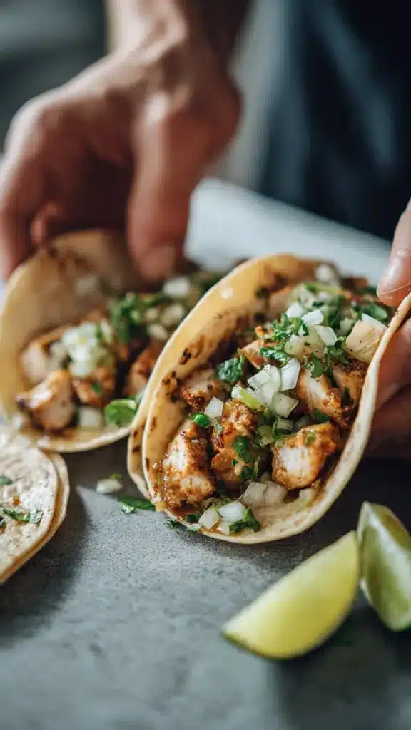 Delicious Chicken Mexican street tacos topped with fresh cilantro and lime