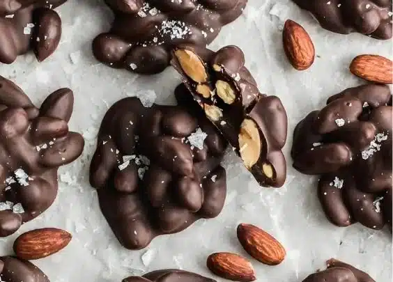 Delicious chocolate covered almond clusters ready to enjoy.