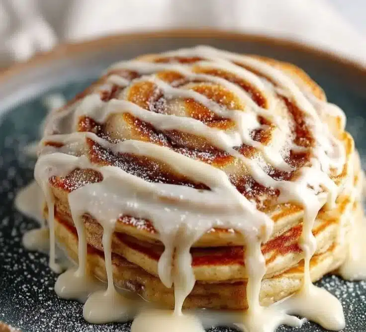 Fluffy cinnamon roll pancakes stacked with icing on top, ready to be enjoyed.