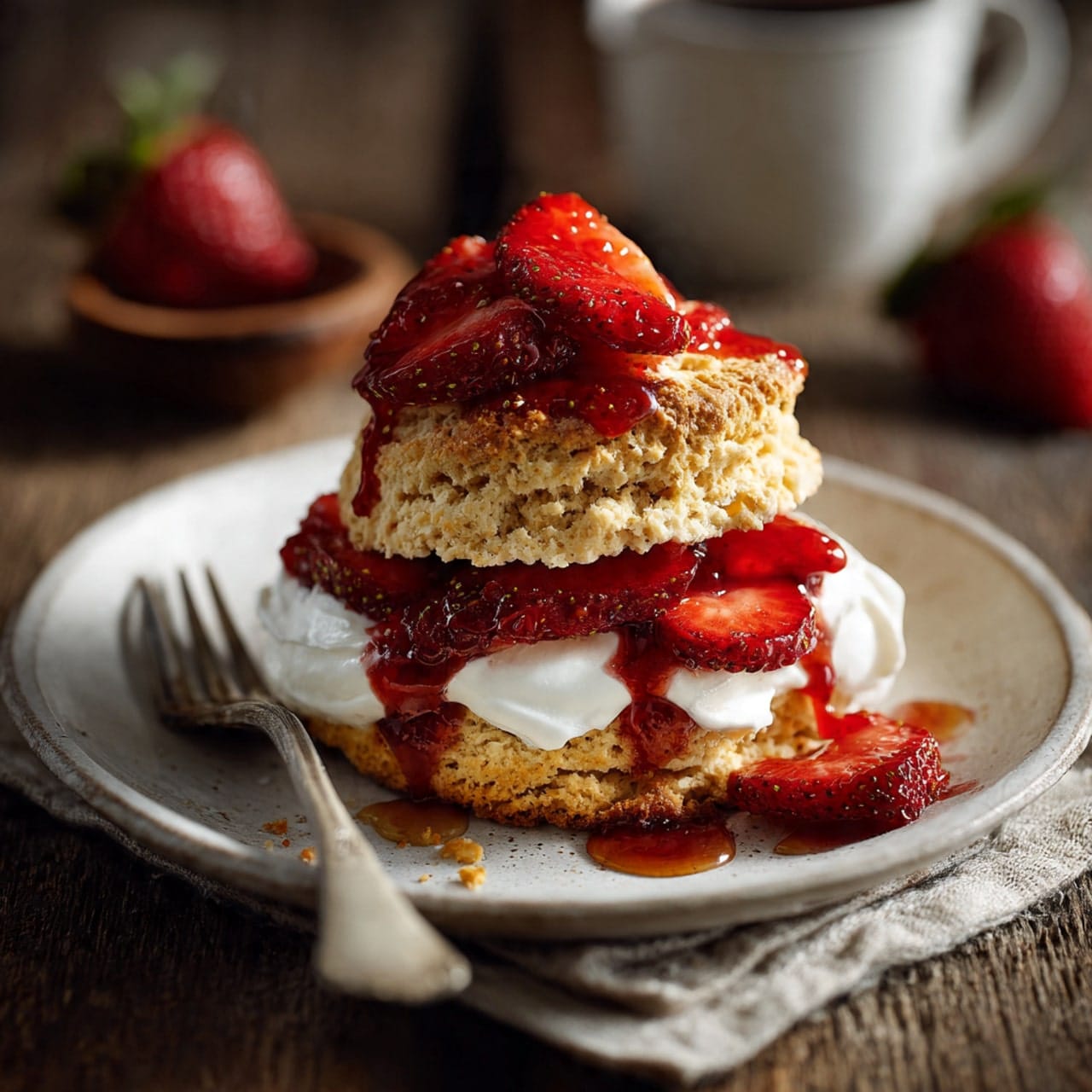 Strawberry Shortcake Recipe 3 classic strawberry shortcake on a white ceramic
