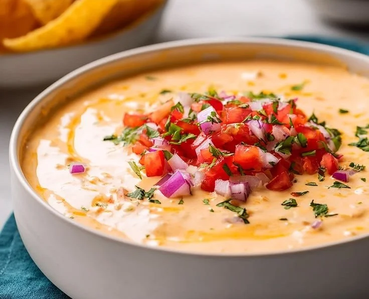 Creamy cottage cheese queso in a bowl with tortilla chips
