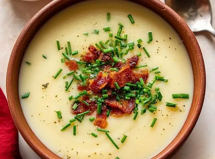 Bowl of creamy cauliflower cheddar soup topped with crispy bacon.