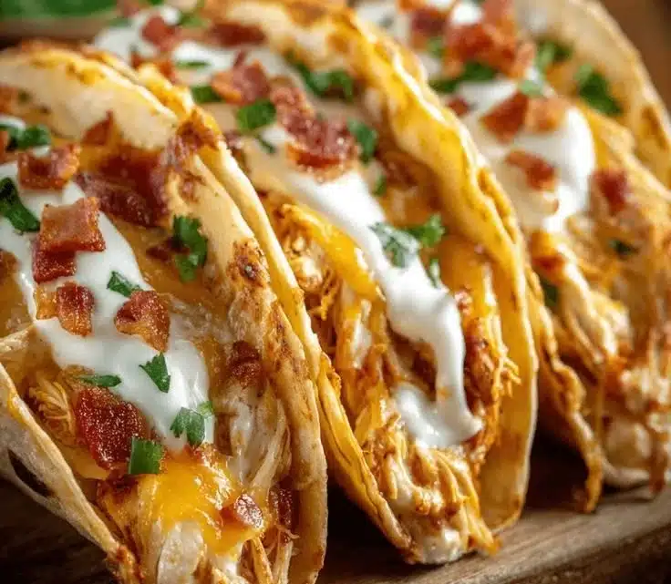 Creamy Cheddar Ranch Chicken Tacos 3 Creamy cheddar ranch chicken tacos served with fresh toppings
