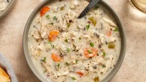 Creamy crockpot chicken wild rice soup in a bowl topped with fresh herbs