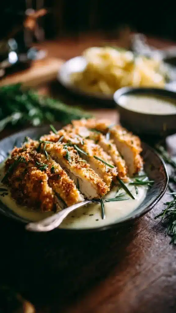 Crispy Herb-Crusted Chicken Romano with Tangy Parmesan Cream Sauce on a plate.