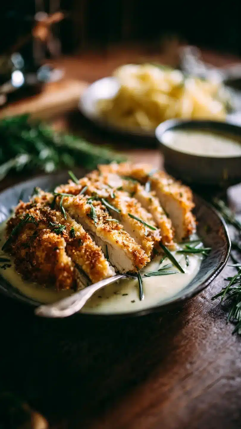 Crispy Herb-Crusted Chicken Romano with Tangy Parmesan Cream Sauce