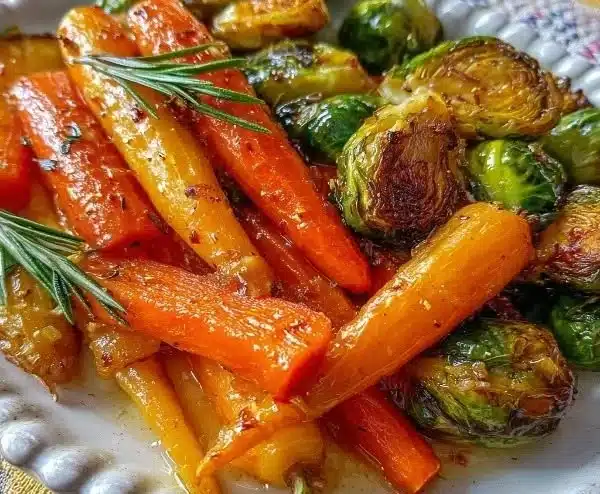 Crispy maple glazed carrots and brussel sprouts on a serving plate.