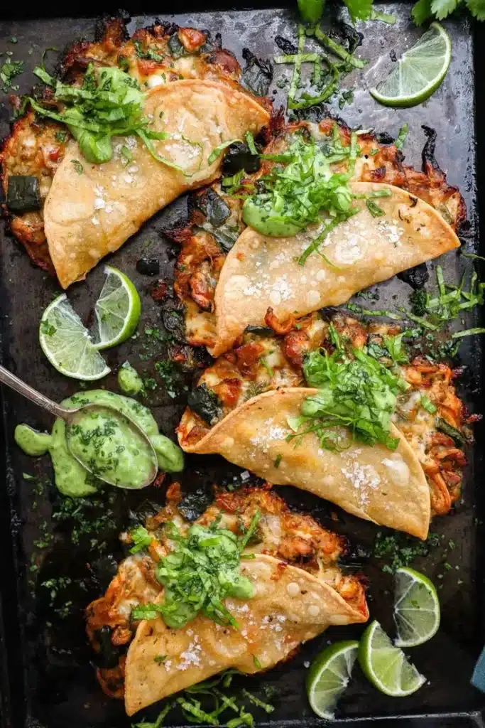 Delicious crispy Poblano chicken tacos served on a plate
