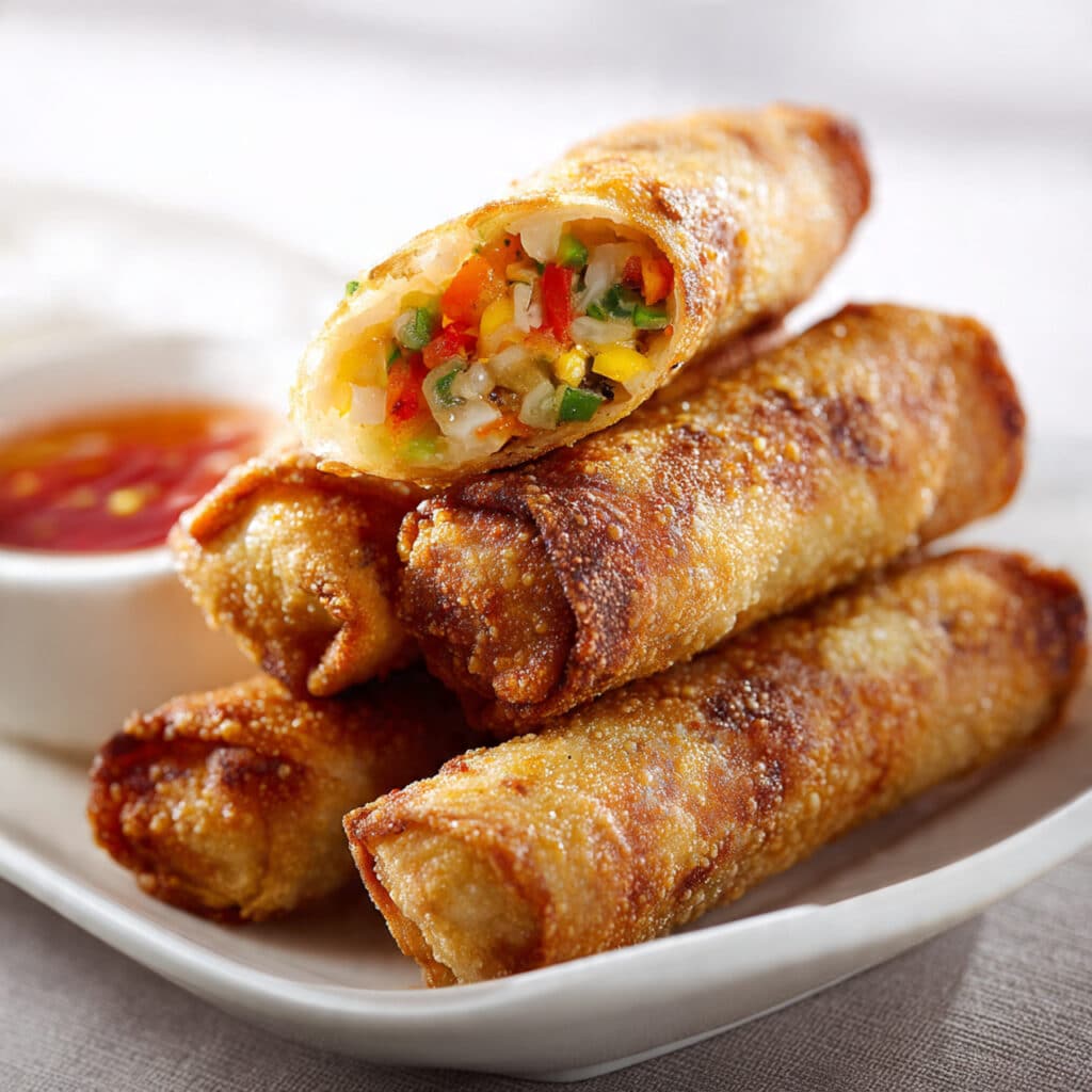 crispy homemade vegetable egg rolls stacked neatly