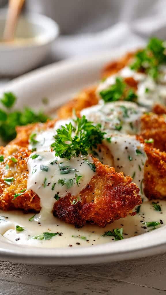 crispy parmesan chicken served on a white 1