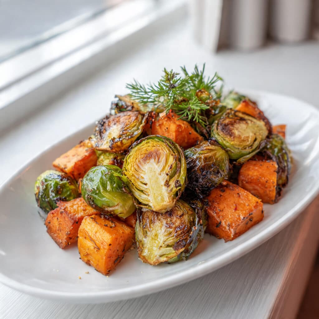 crispy roasted brussels sprouts and sweet potatoes 1