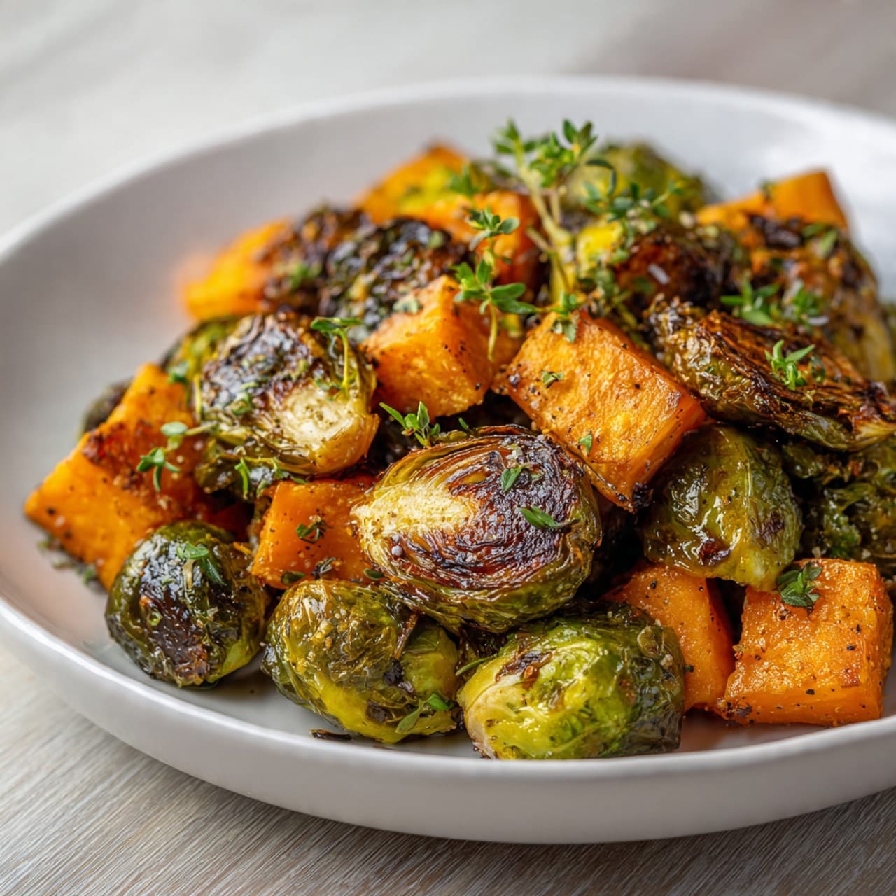 crispy roasted brussels sprouts and sweet potatoes