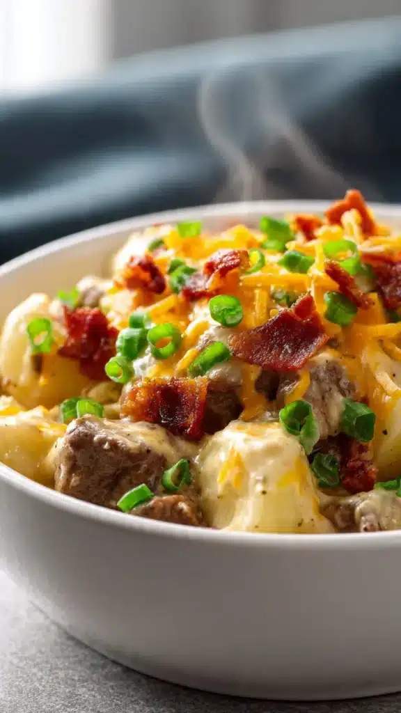 Crockpot Loaded Steak and Potato Bake with cheese and garnish.