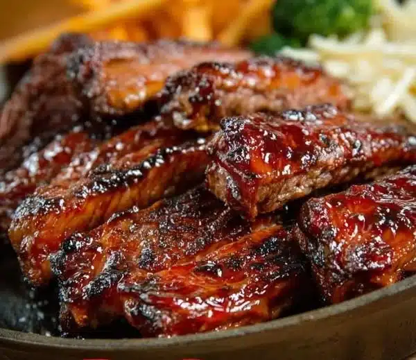 Plate of easy boneless beef ribs with sides