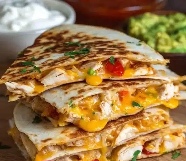 Delicious easy chicken quesadilla with melted cheese and grilled chicken