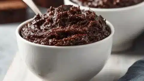 Bowl of edible brownie batter, safe to eat raw, made with rich chocolate ingredients.