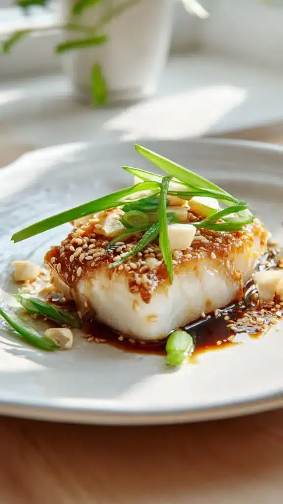 Ginger Soy-Glazed Cod served with fresh vegetables on a plate