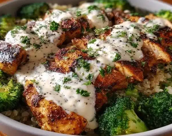 Grilled Chicken & Broccoli Bowls with Creamy Garlic Sauce